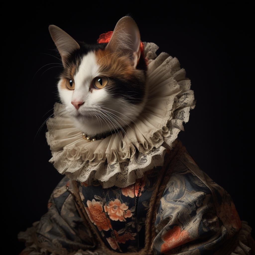 Calico cat in lace ruff fashion