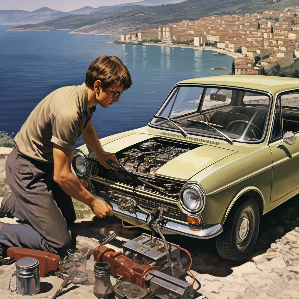 Lada car carburetor fixing on Italian freeway poster