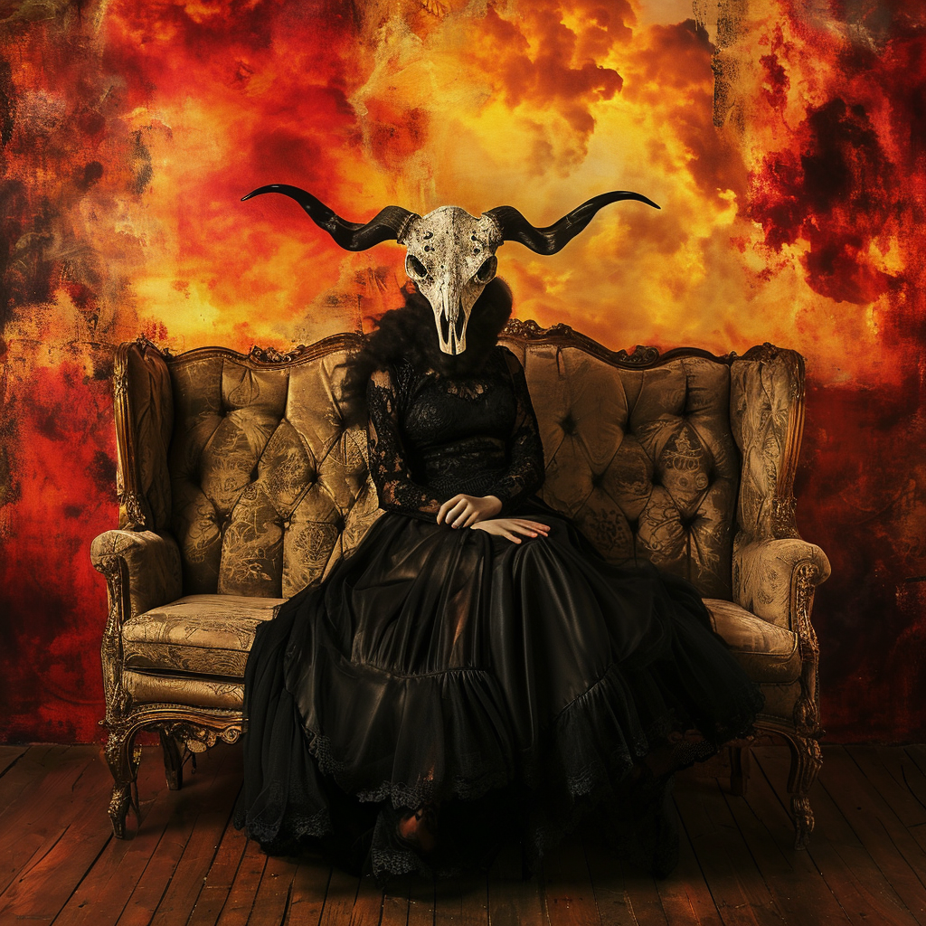 Lady in black dress with longhorn skull mask sitting on Victorian couch