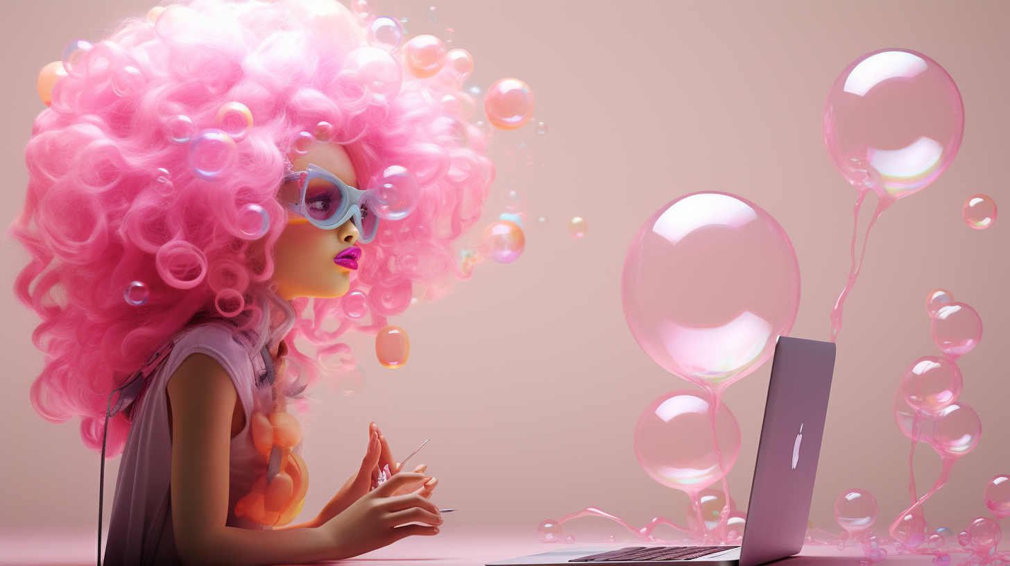 Bubblegum Lady blowing bubbles on a hairy computer mouse