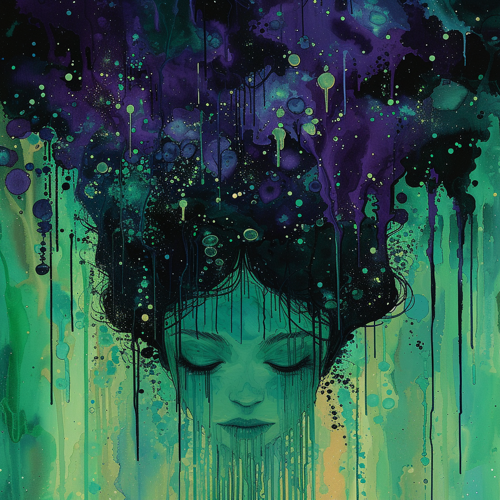 Lady Demon Painting with Purple, Blue, Green Splashes and Drips