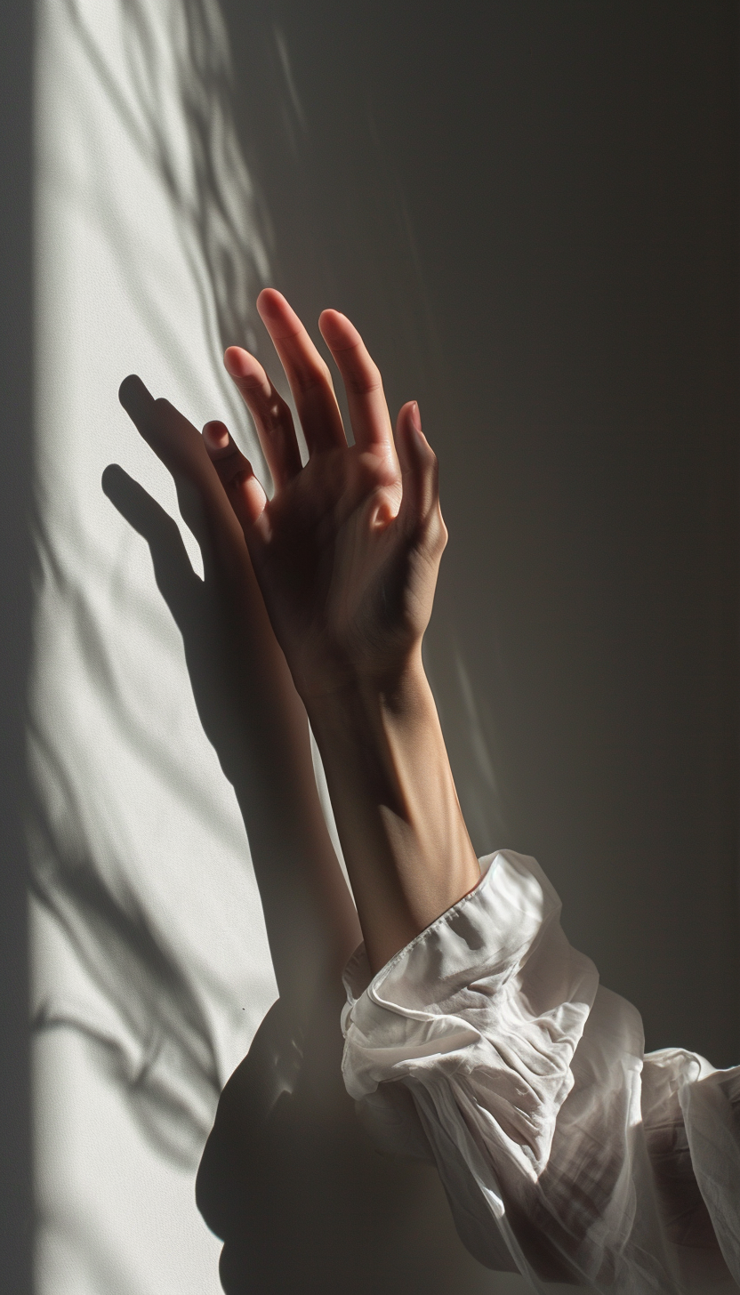 Lady searching for light on a white background