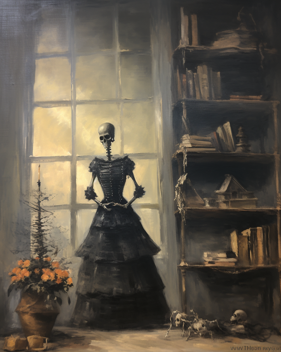 Antique oil painting of lady skeleton in room