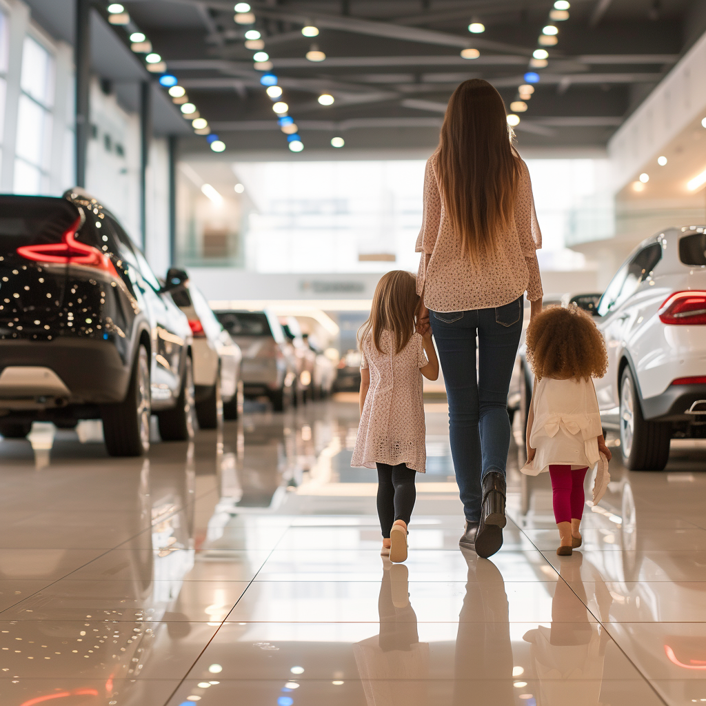 Lady with Two Kids at Car Dealership