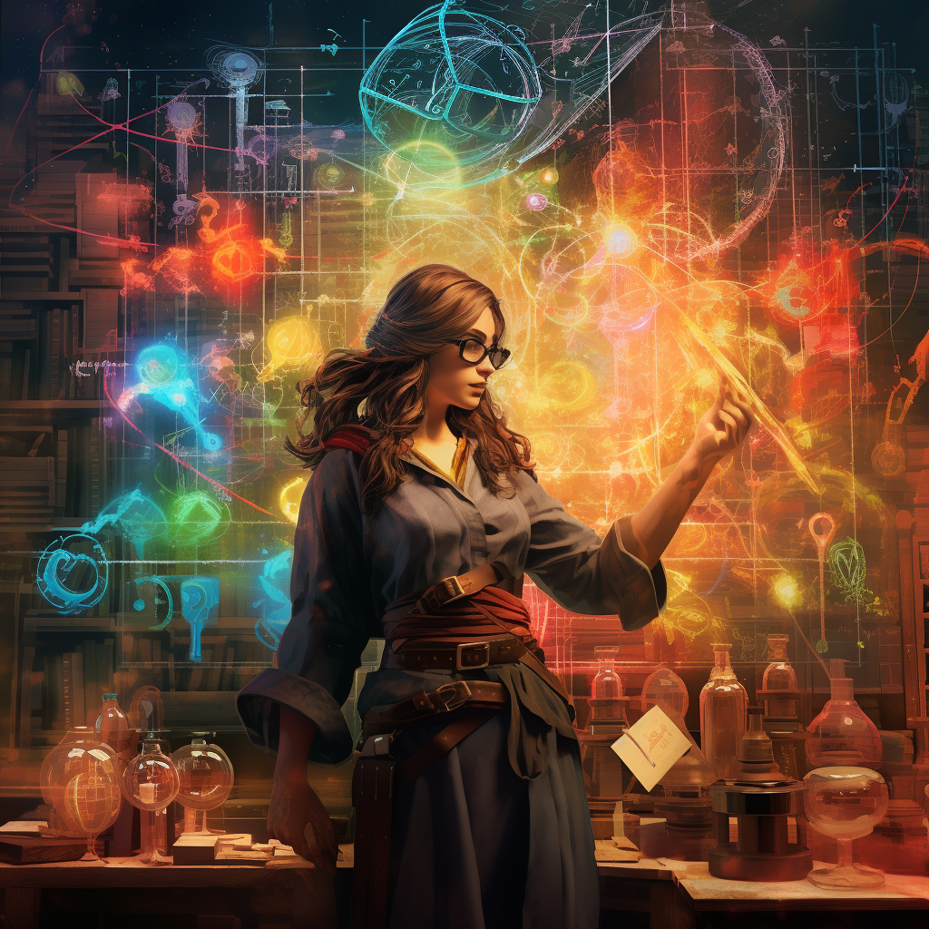 Lady wizard performing colorful experiments in study