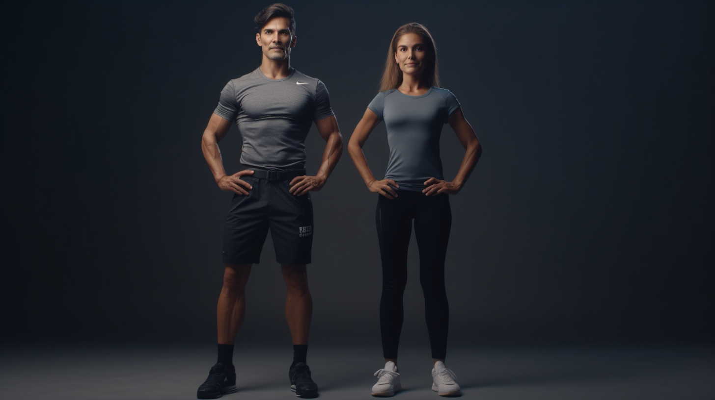 A fit lady standing with a young man with six-pack abs