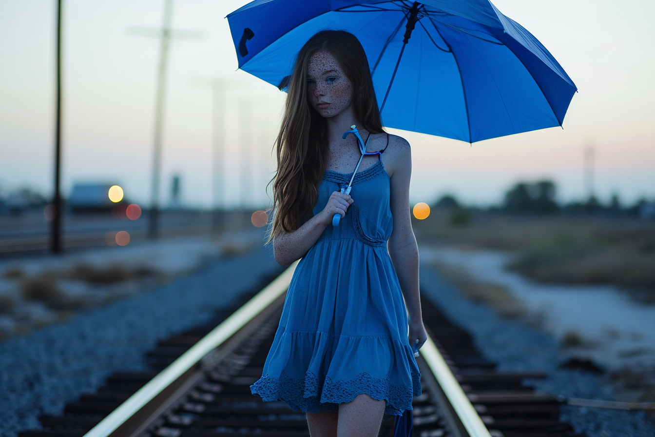 Beautiful lady in blue dress walking on railroad with umbrella