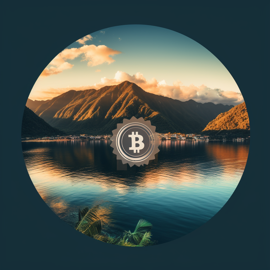 Round logo with Lake Atitlan and Bitcoin