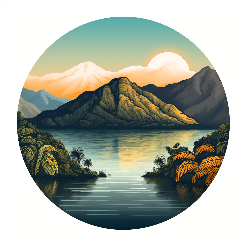 Round logo with Lake Atitlan and Bitcoin