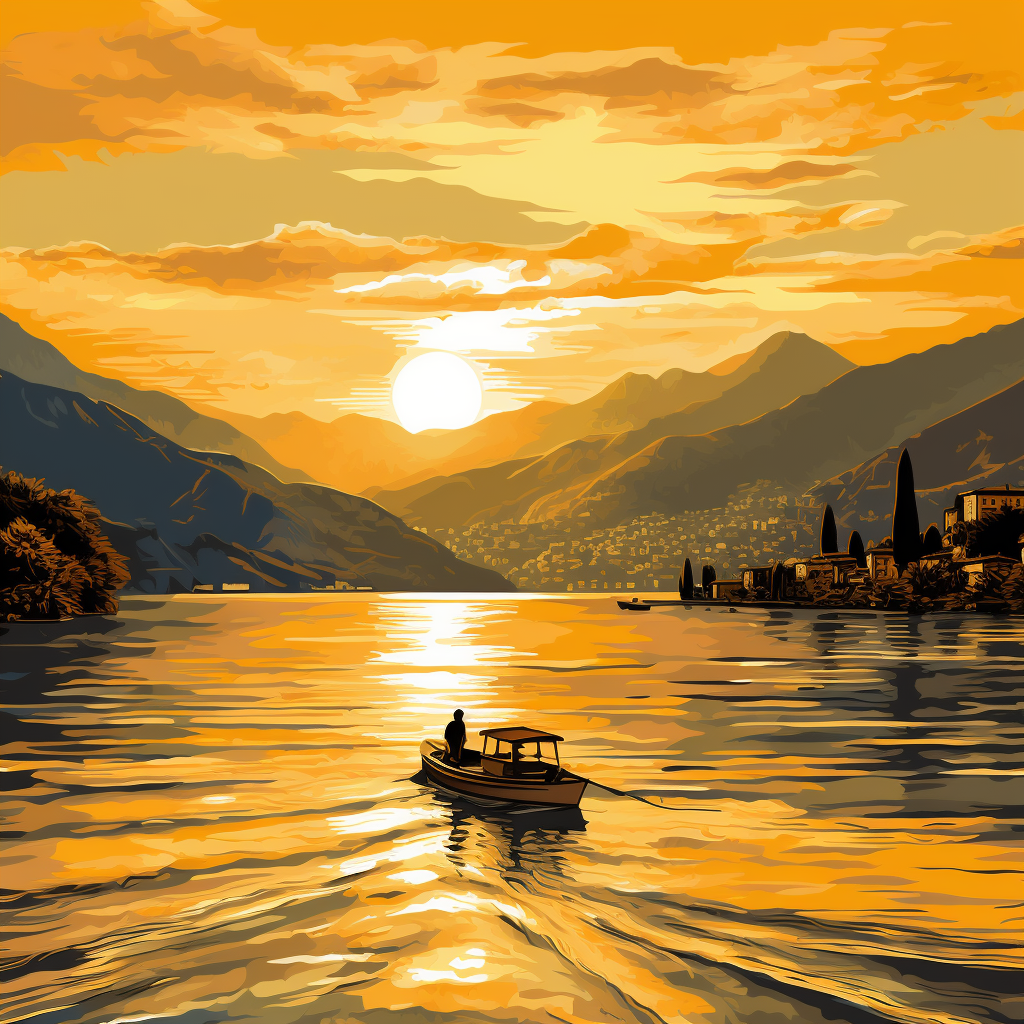 Lovers on a boat at golden hour in Lake Como