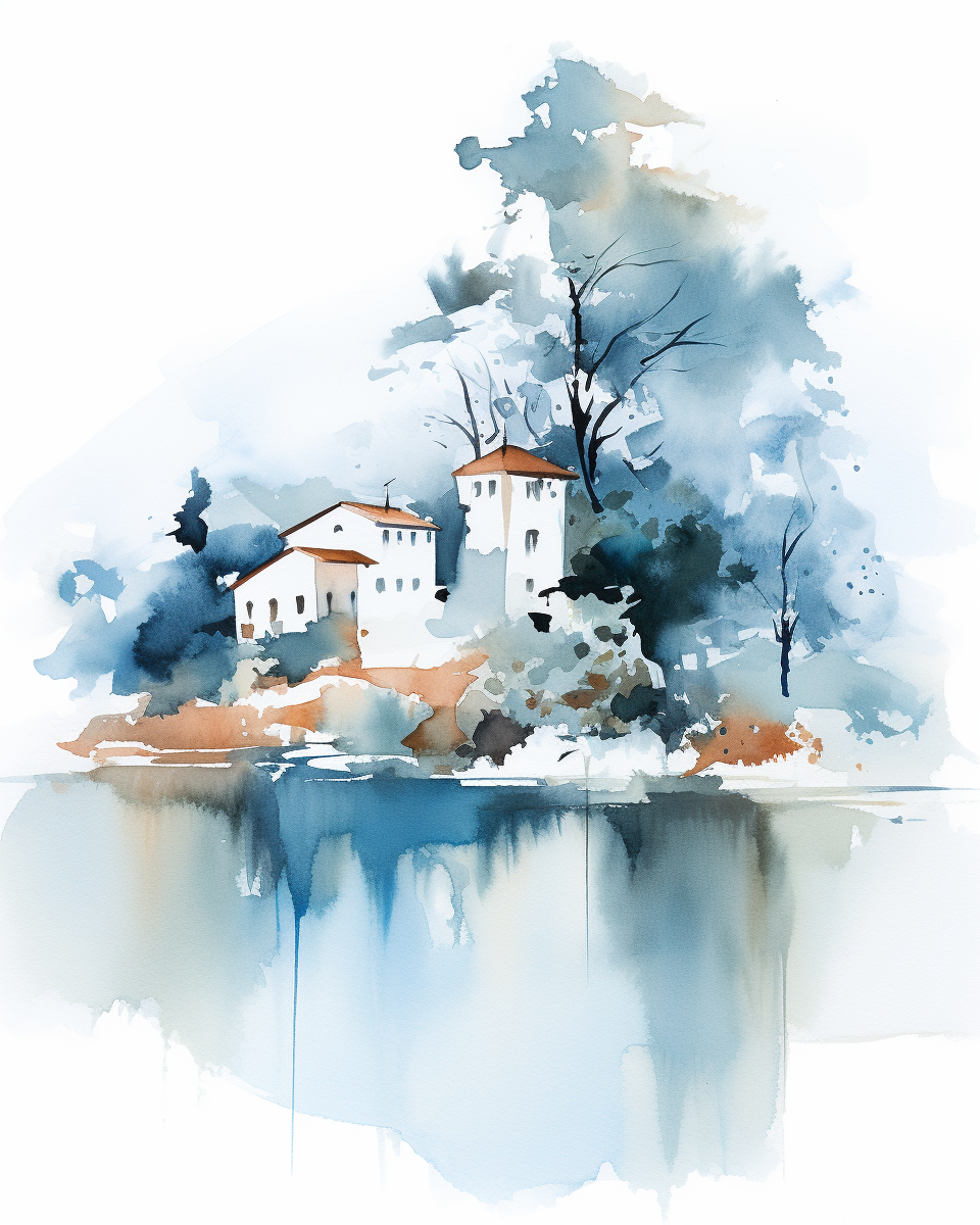 Expressive watercolor sketch of a mansion near Lake Como