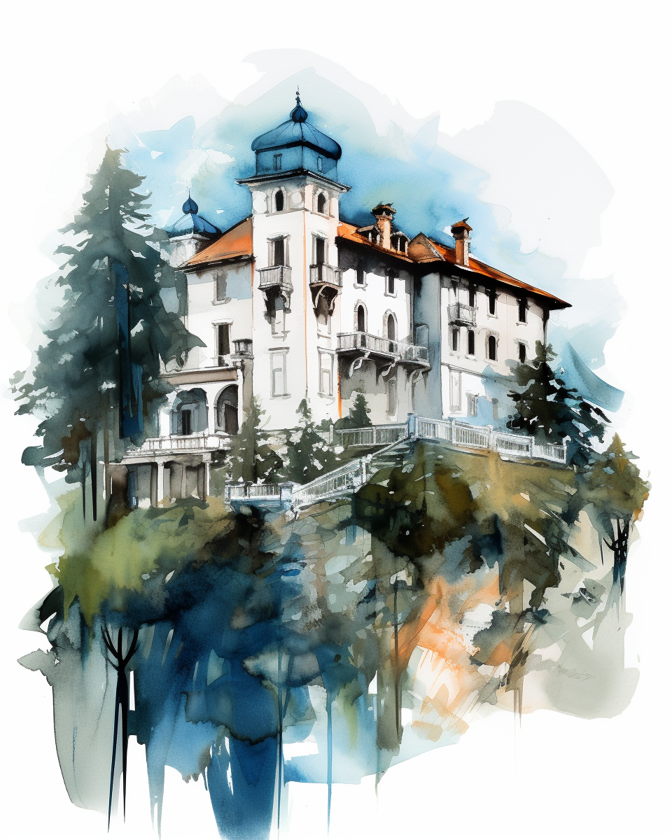 Minimalist watercolor sketch of mansion