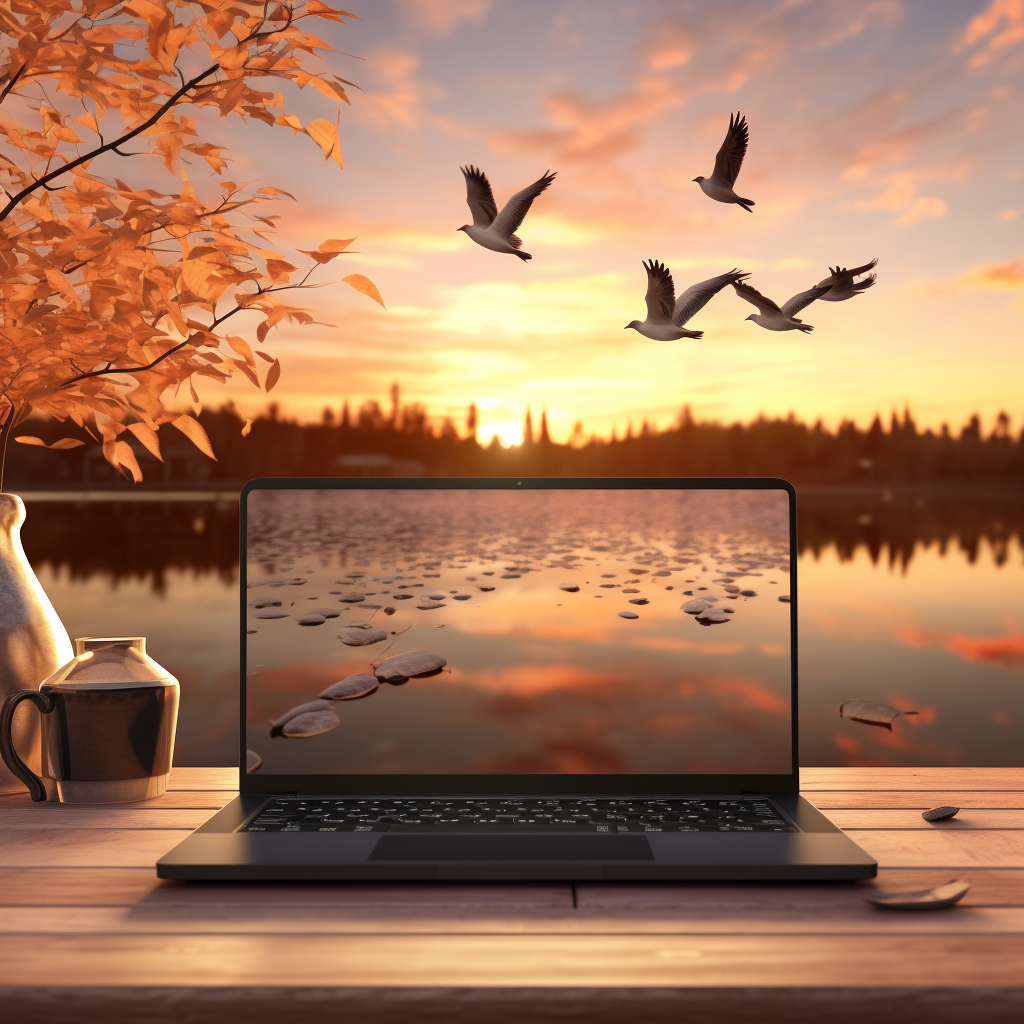 Peaceful lake scene with laptop, leaves, pen, and glasses