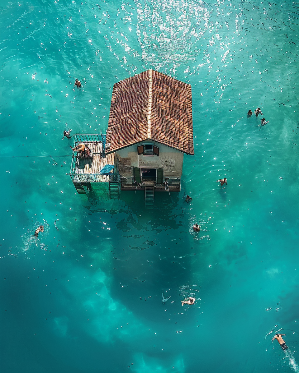 People swimming near platform on lake