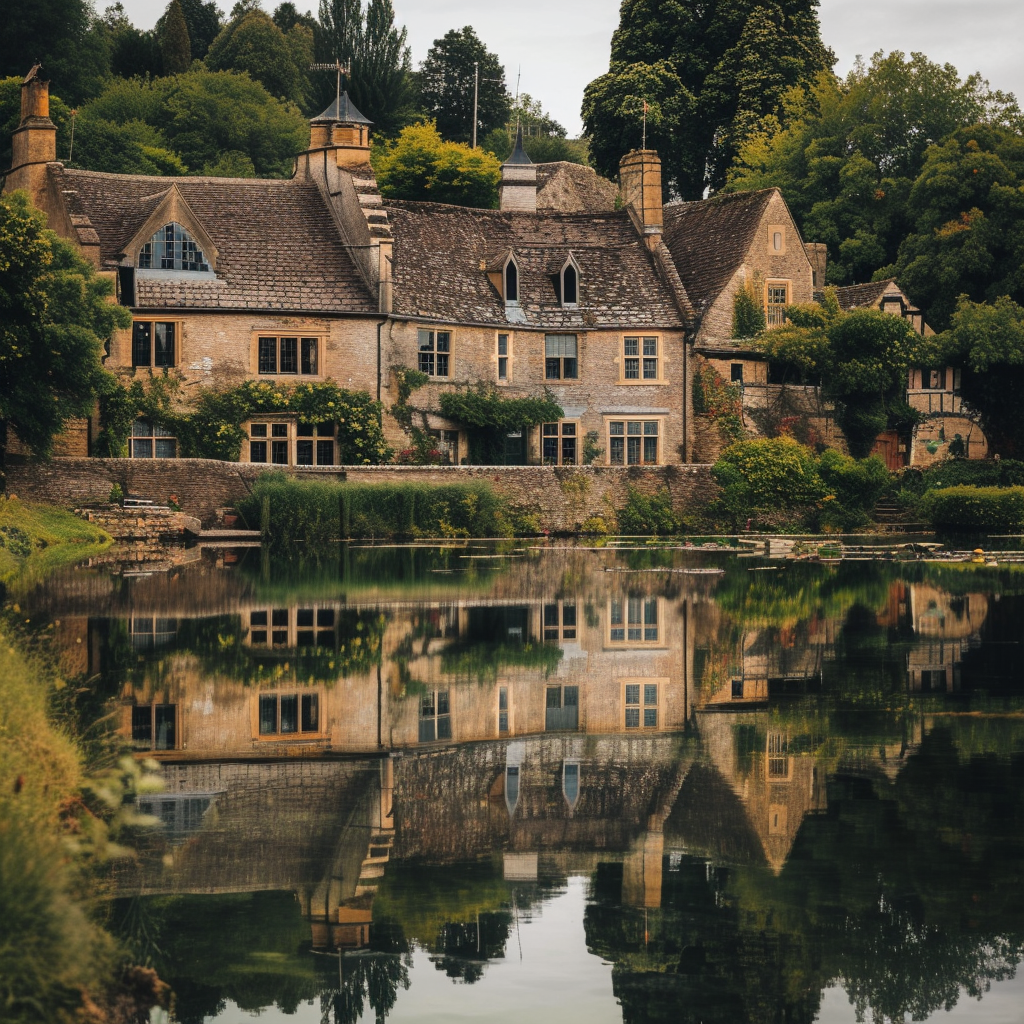 Lake reflecting medieval village