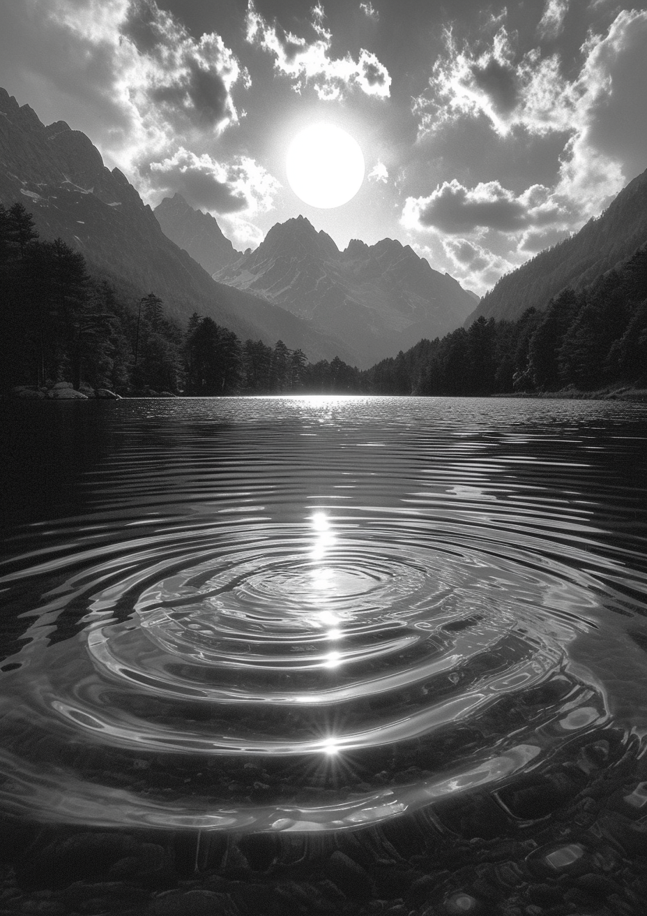 Black and White Solar Eclipse by the Lake