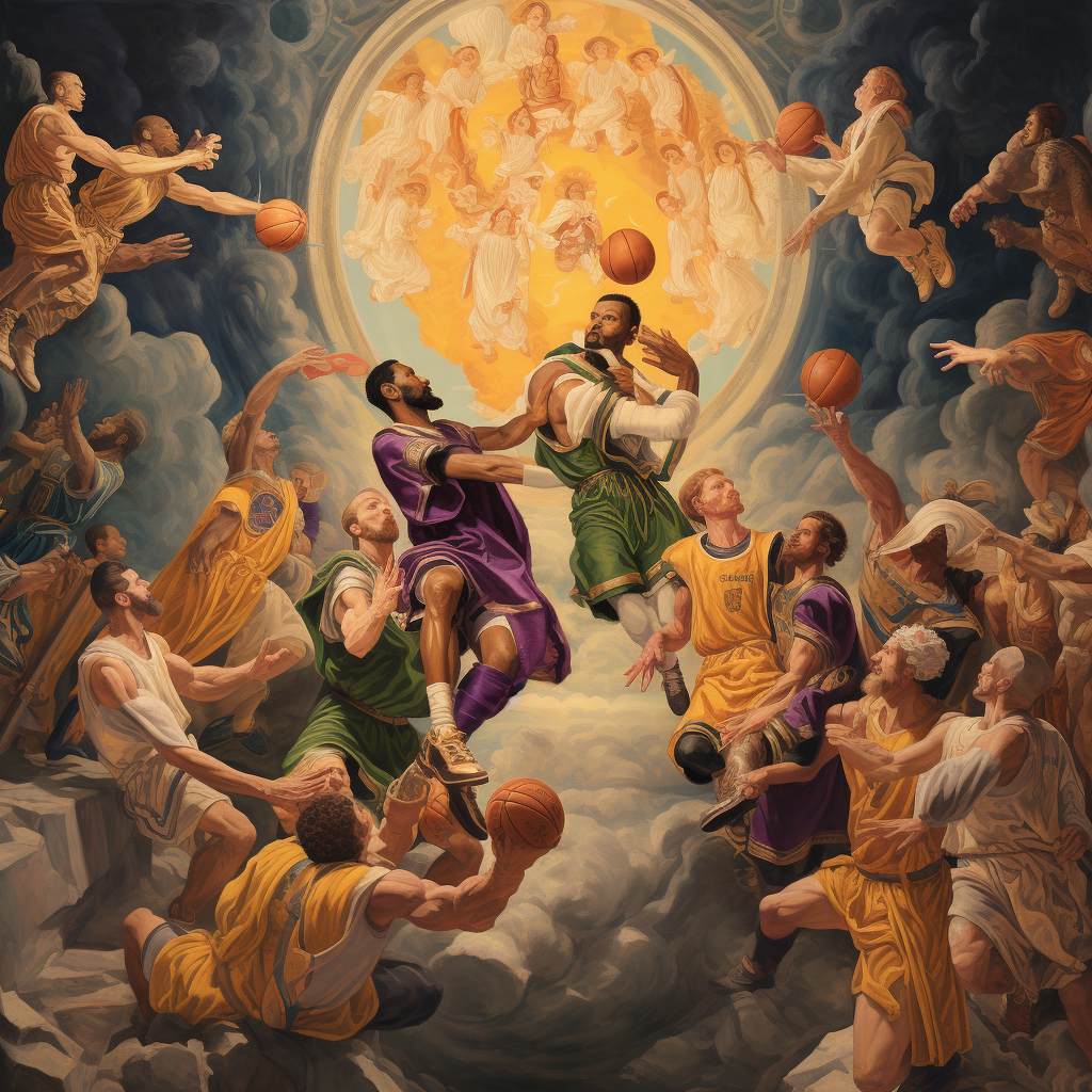 Midjourney Prompt - Lakers vs Celtics Sistine Chapel Style