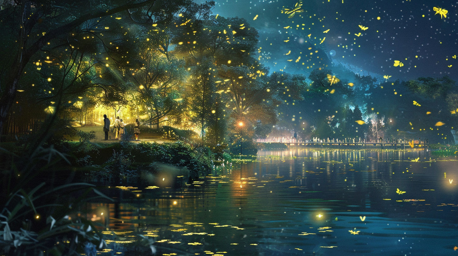 Lakeside Retreat with Holographic Fireflies Glow