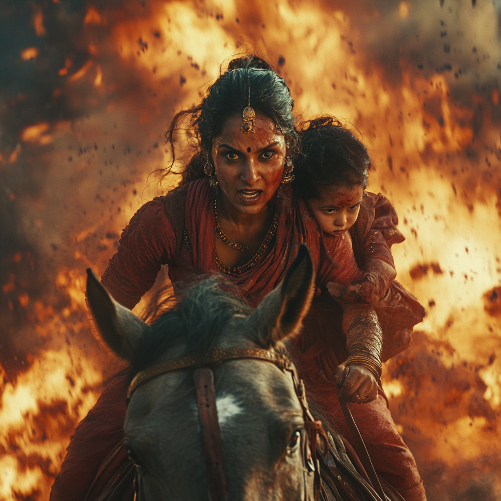 Lakshmi Bai escaping on horse with child