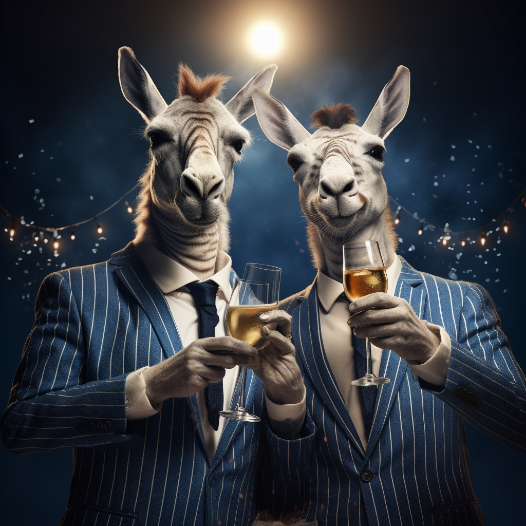 Two lamas celebrating with sparkling wine