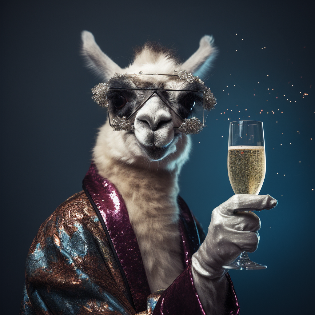 Lama toasting with sparkling wine glasses