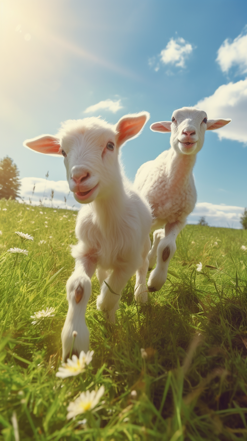 Baby goat and lamb frolicking