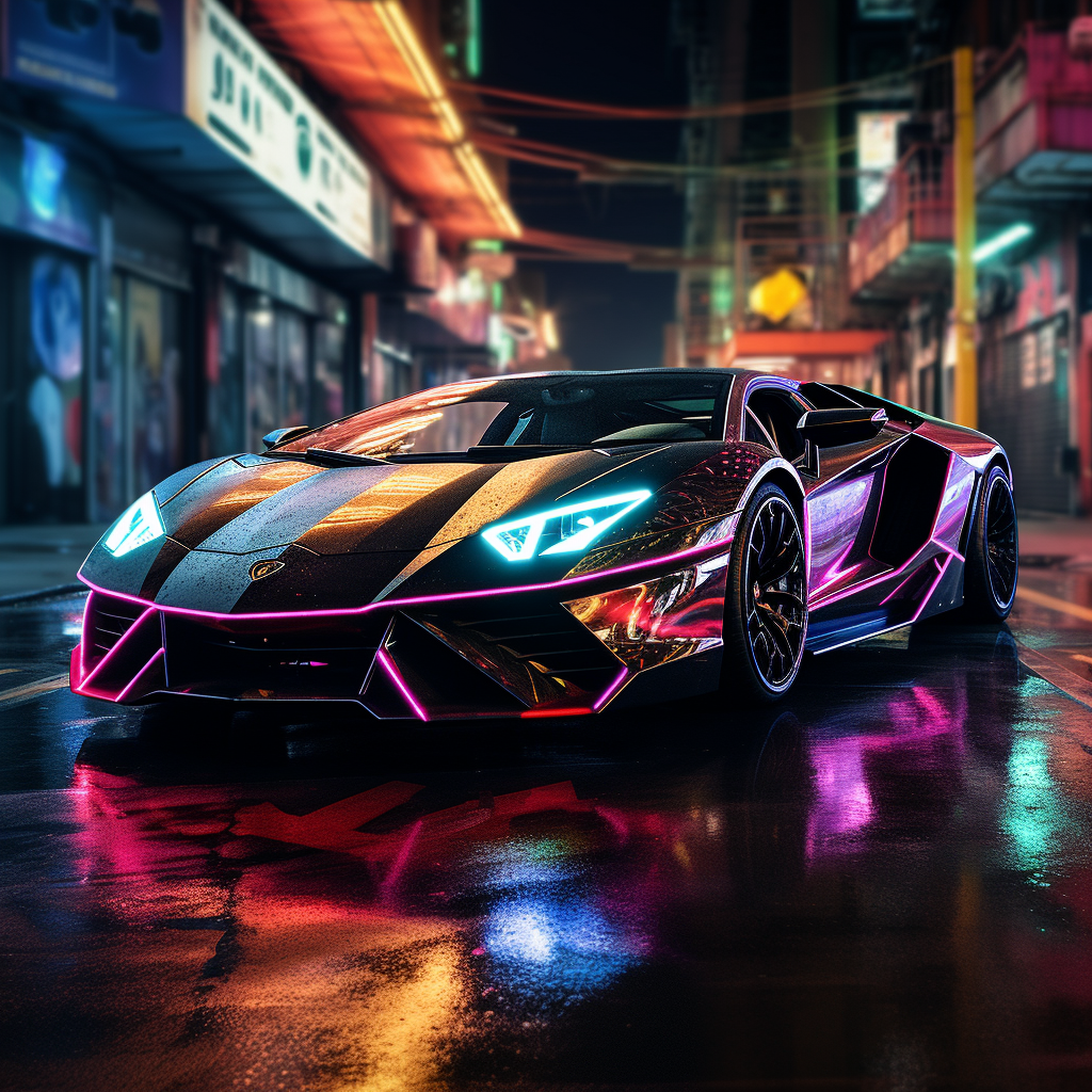 Lamborghini speed in cyberpunk city