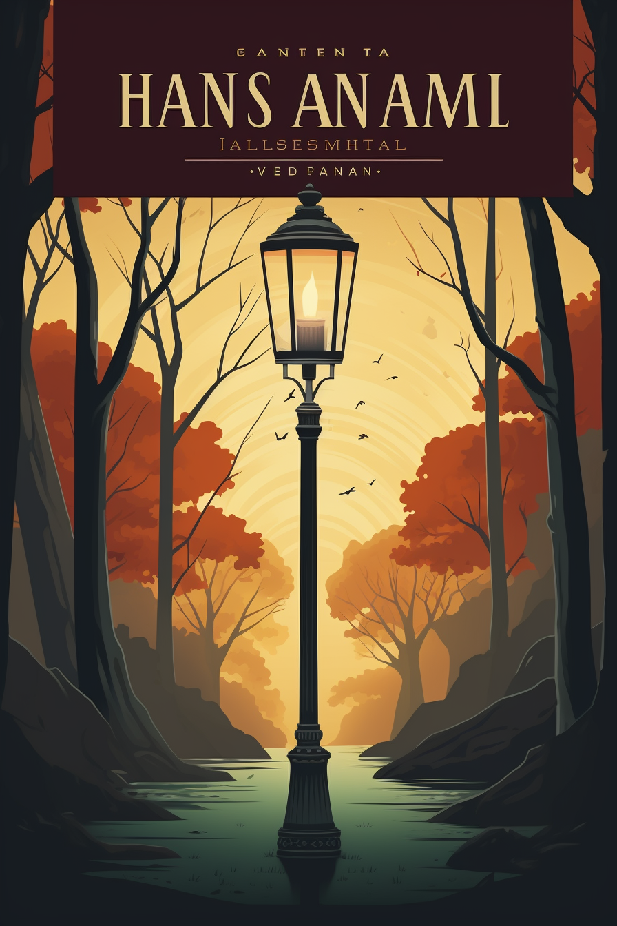 Vintage travel poster depicting lampost in woods