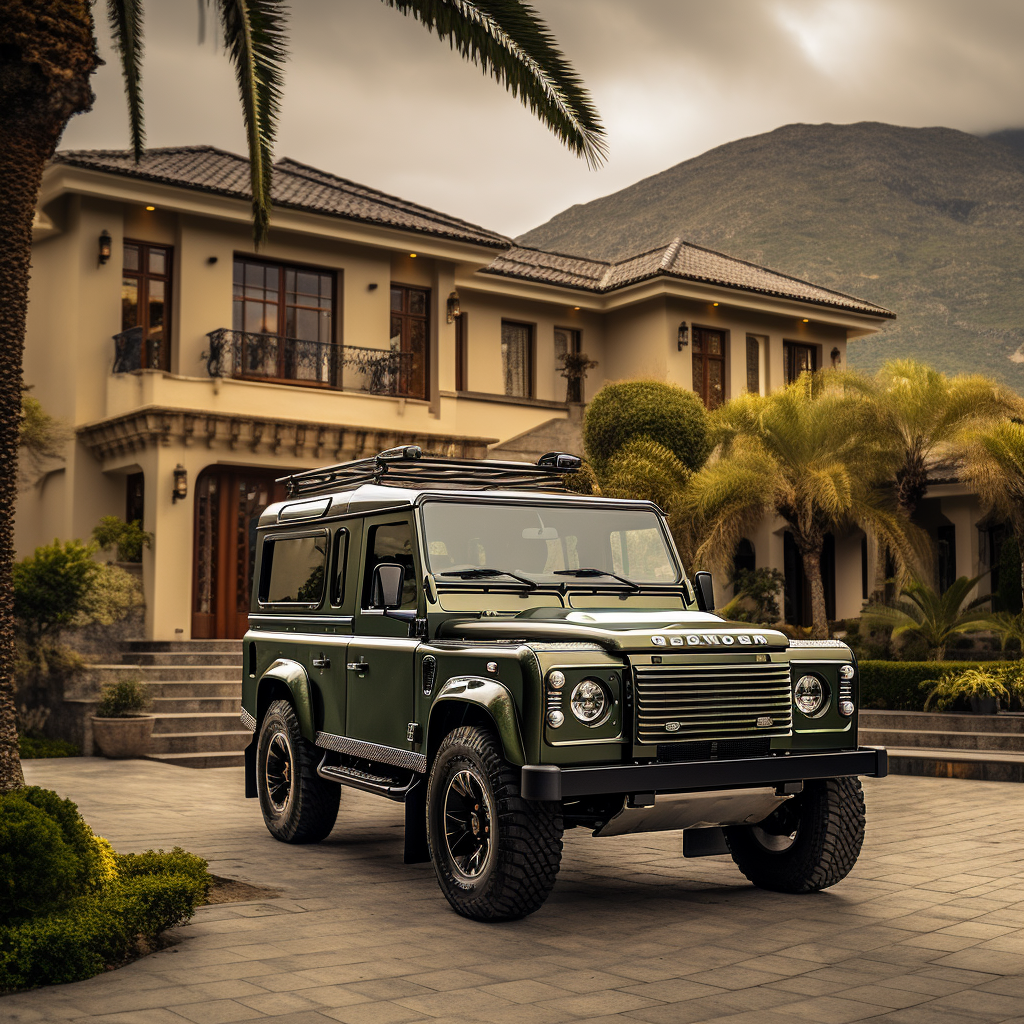 Land Rover Defender Heritage Edition in front of mountain lodge