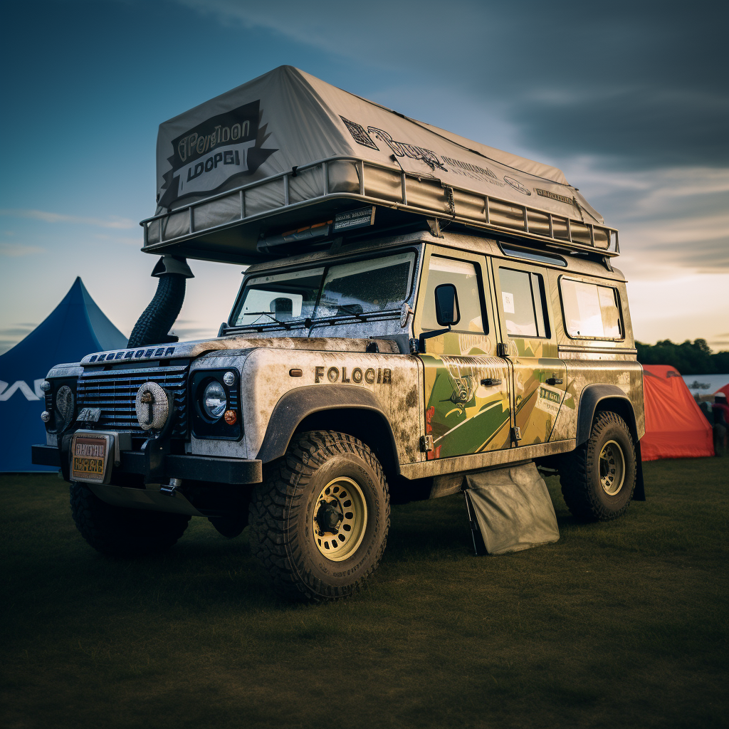 Land Rover Defender with WRC Inscriptions and Tent