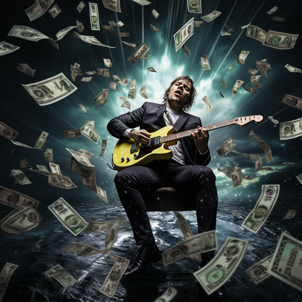 Landscape guitarist playing electric guitar in money rain