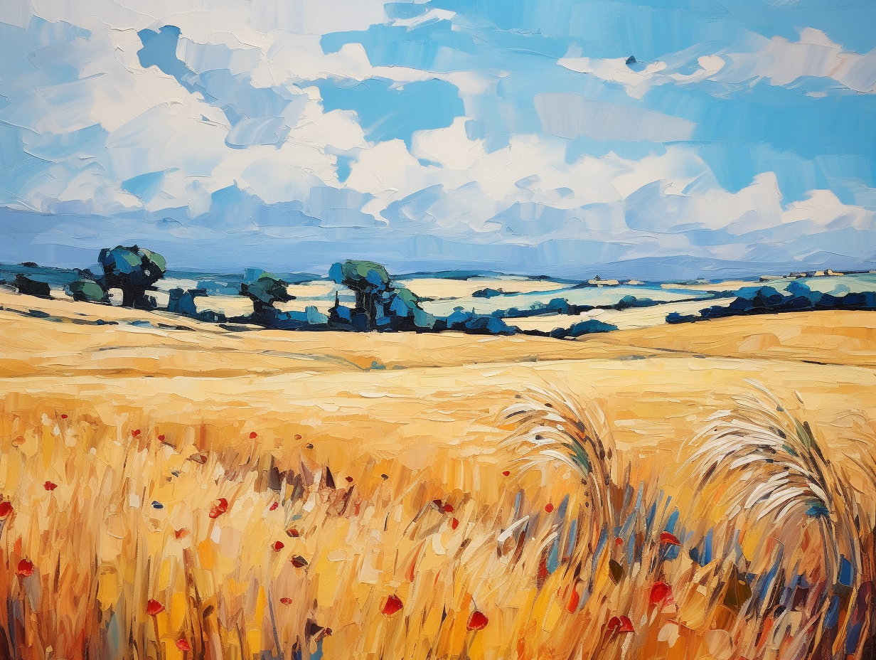 Landscape painting with blue sky, cornfield, and forest