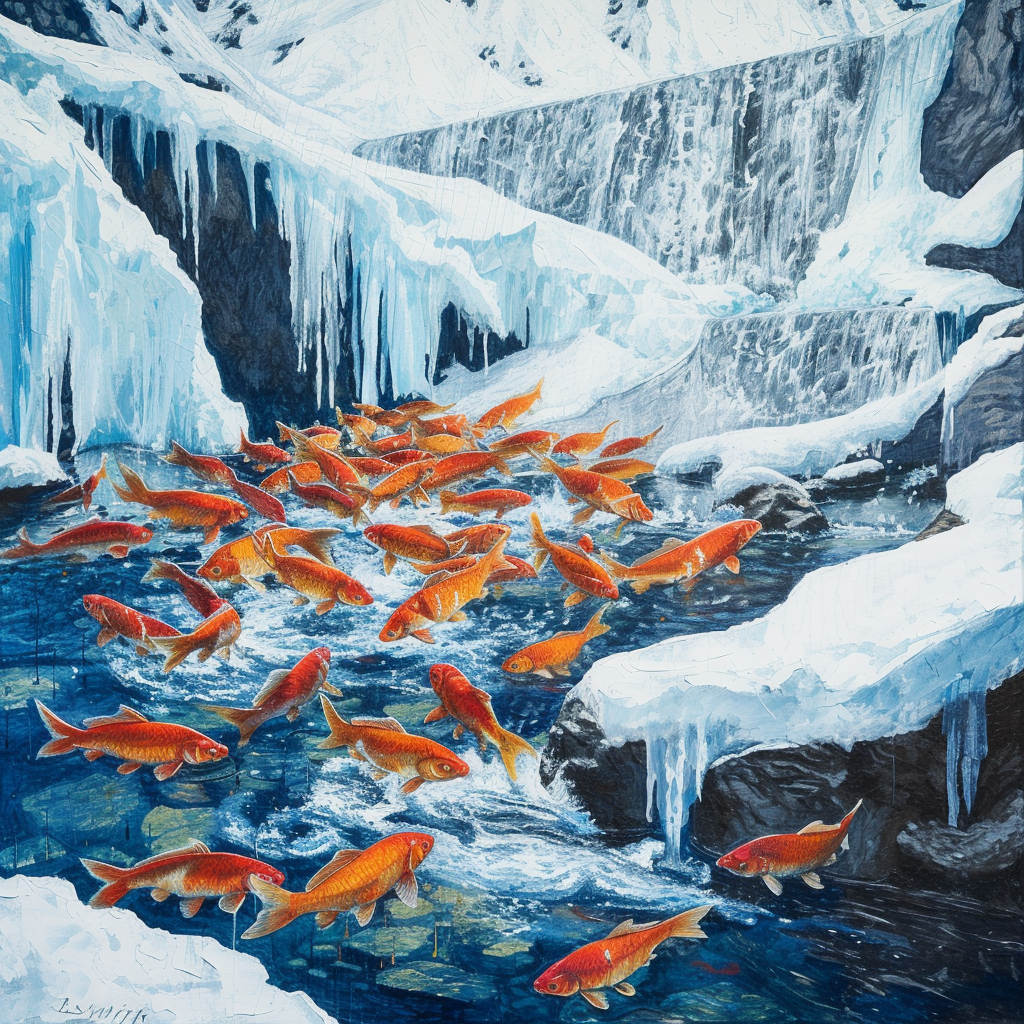 Landscape painting of fish on ice