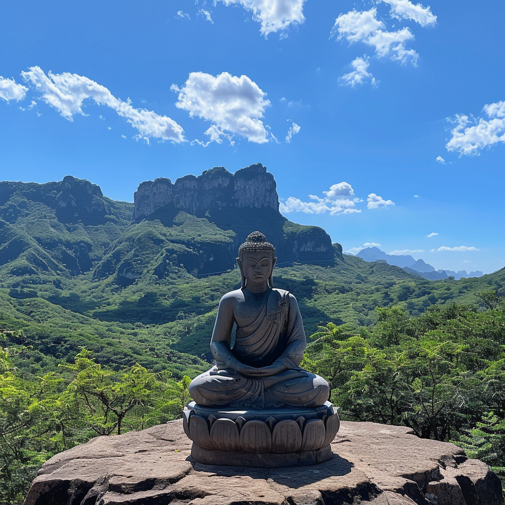 meditating buddha in blue sky