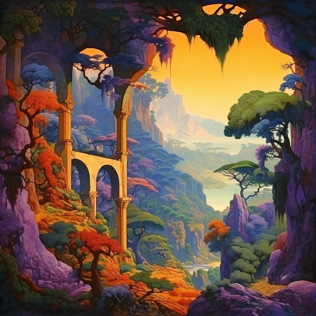 Beautiful landscape art in Maxfield Parrish style