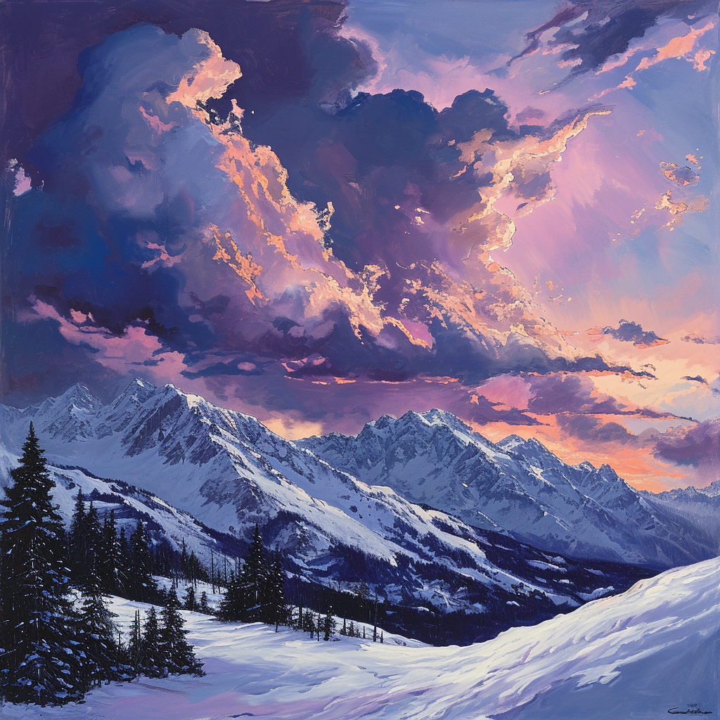 Landscape painting of mountains, clouds, sunset, snow