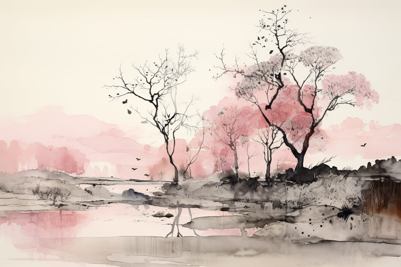 Pink and Yellow Sumi Ink Wash Landscape