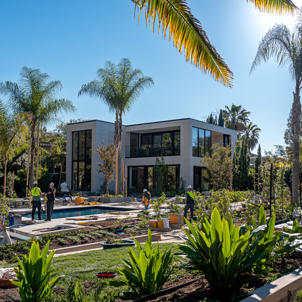 Landscaping team working on modern estate