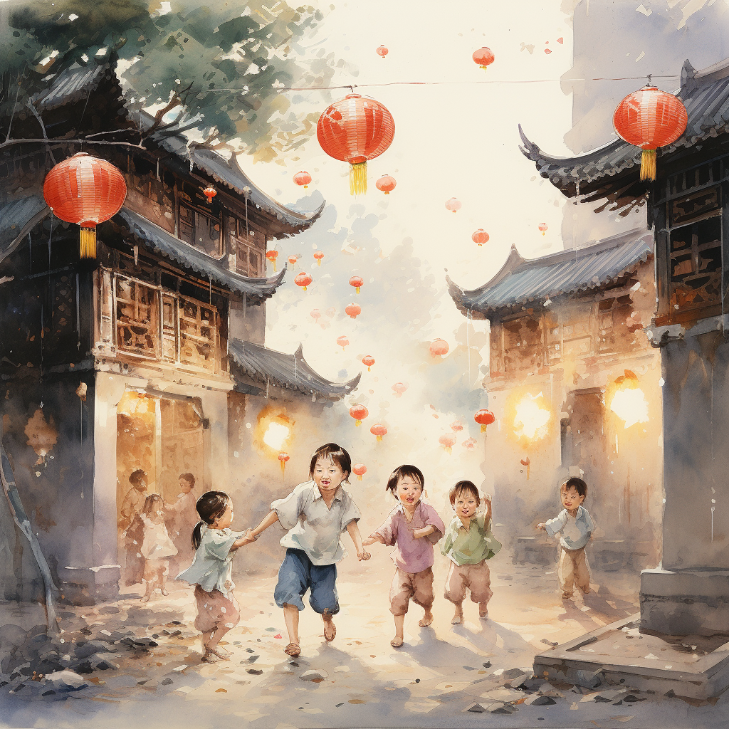 Colorful lantern festival celebration with dancing children