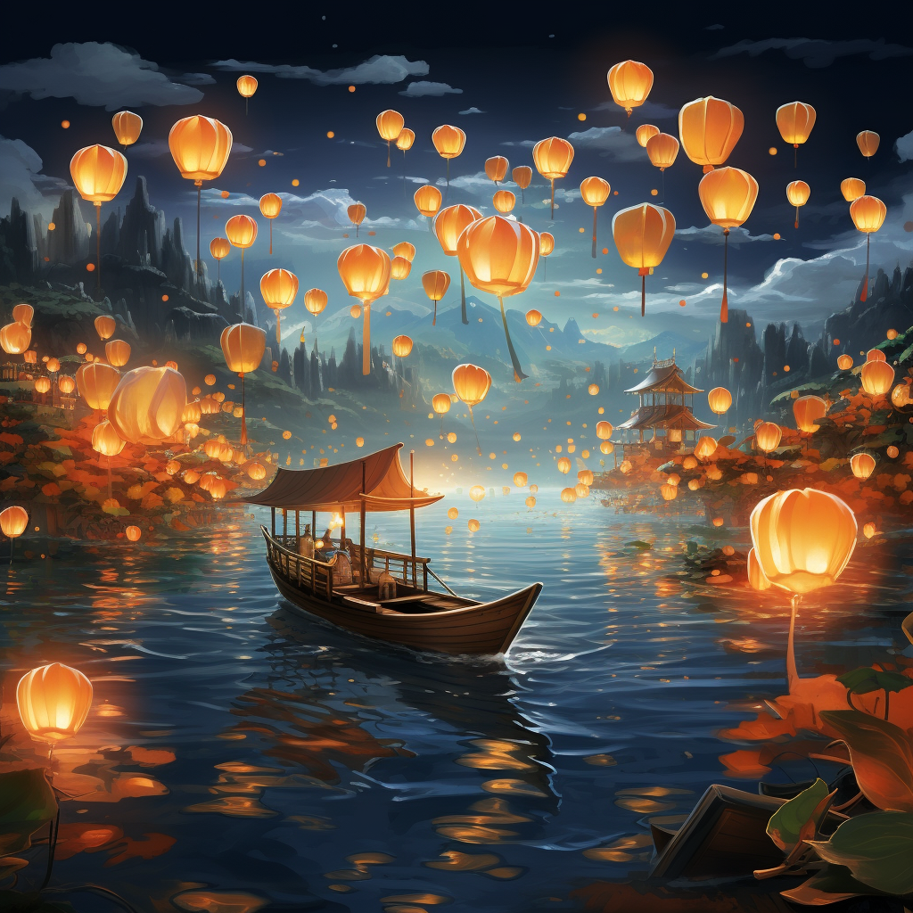 Beautiful illuminated lanterns floating on the ocean