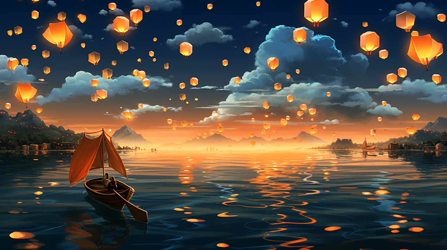 Beautiful lanterns floating on the ocean