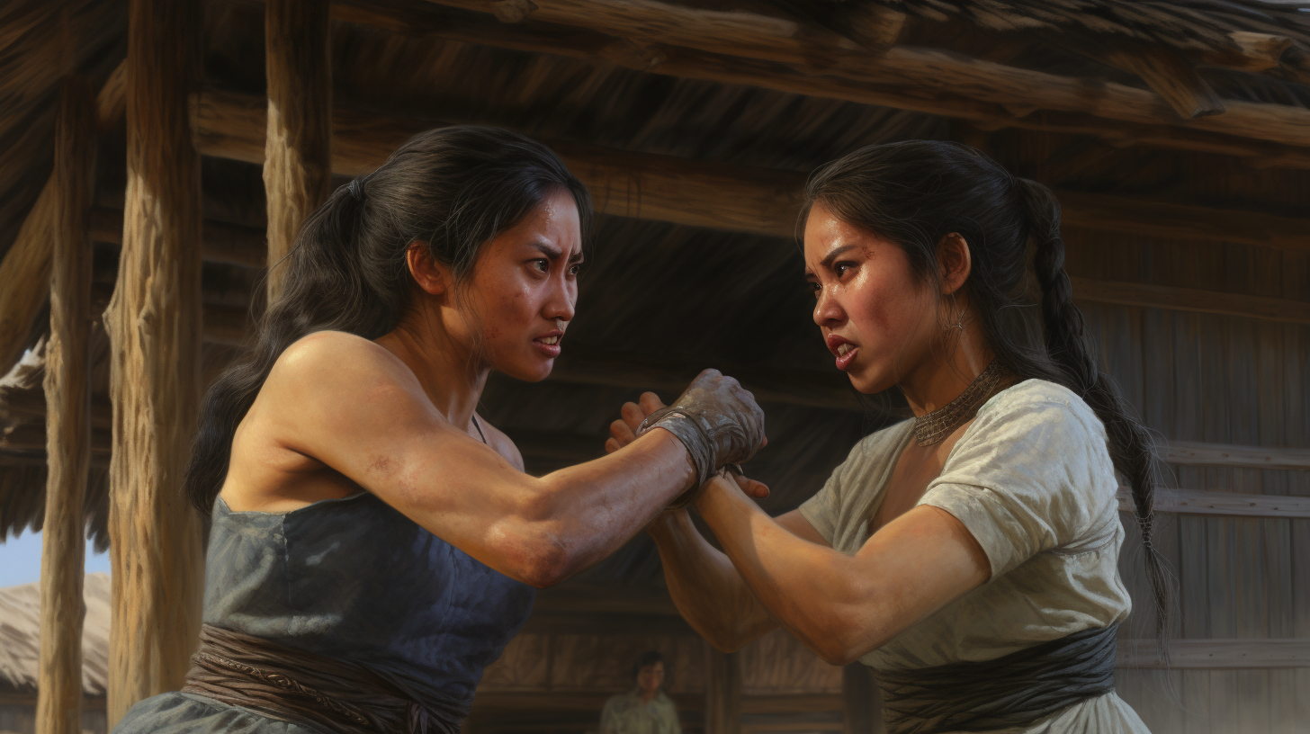 Hyperrealistic traditional female fistfight in Laos