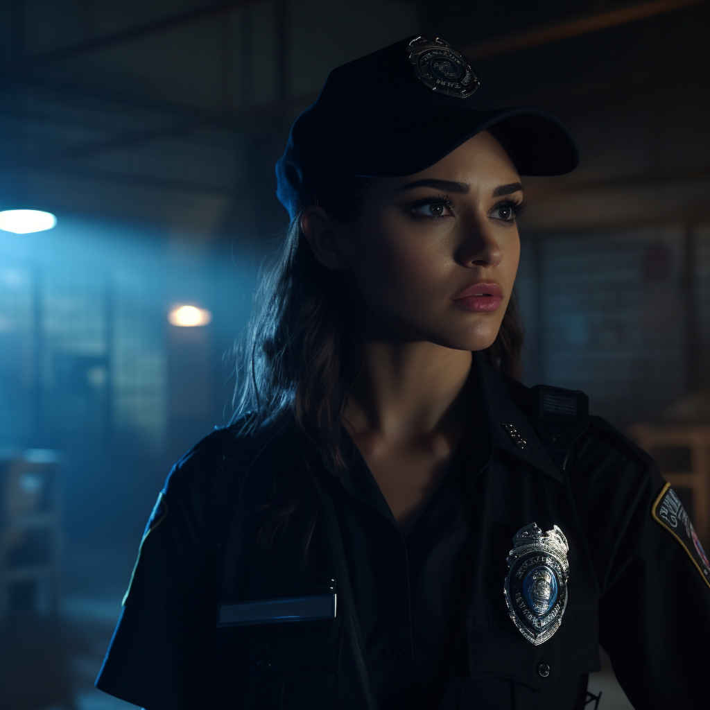 LAPD female cop in uniform looking fearful and confused