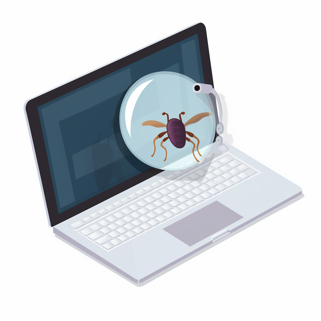 Laptop with Magnifying Glass Catching Digital Bug