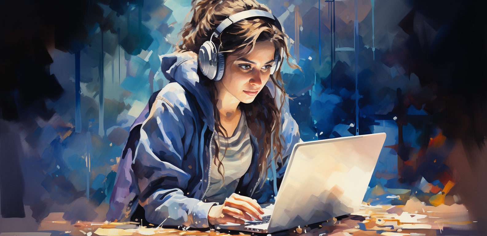 Watercolor painting of computer woman using a laptop