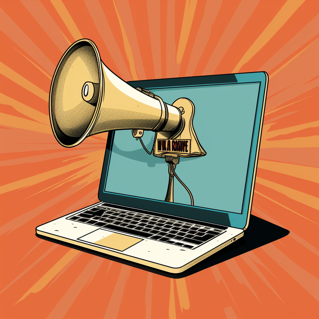 Laptop screen megaphone illustration in New Yorker style