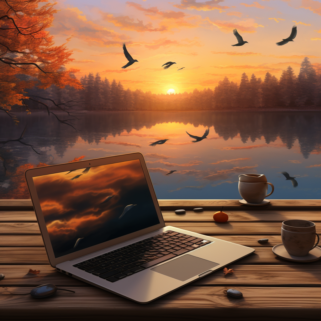 Laptop on a wooden table by a serene lake