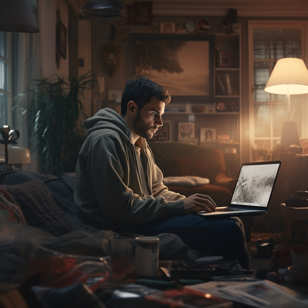 Men working on laptop in living room