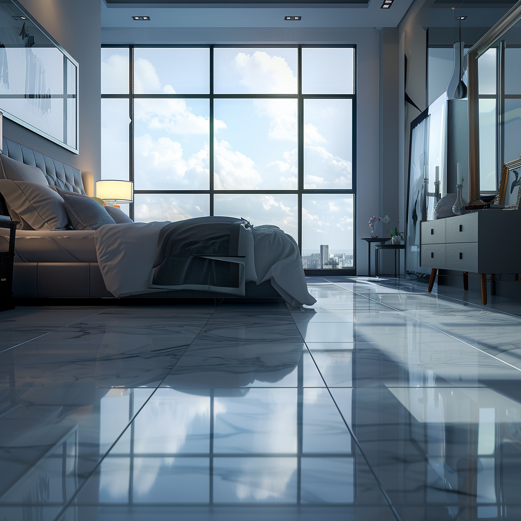 Large bedroom porcelain floor interior