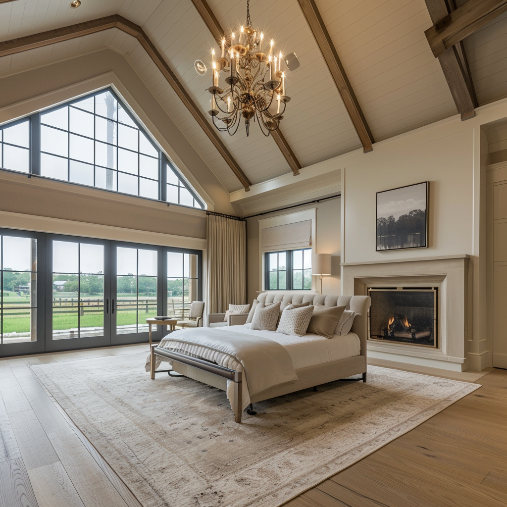 Large bedroom with chandelier and fireplace